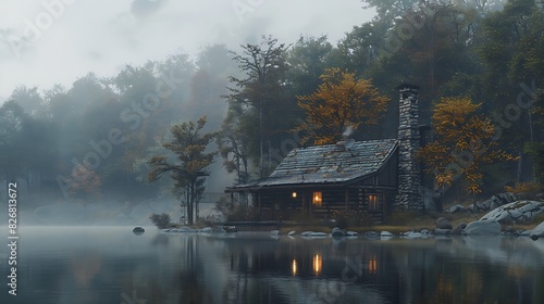Fresh view of a lakeside cabin with a stone chimney photo