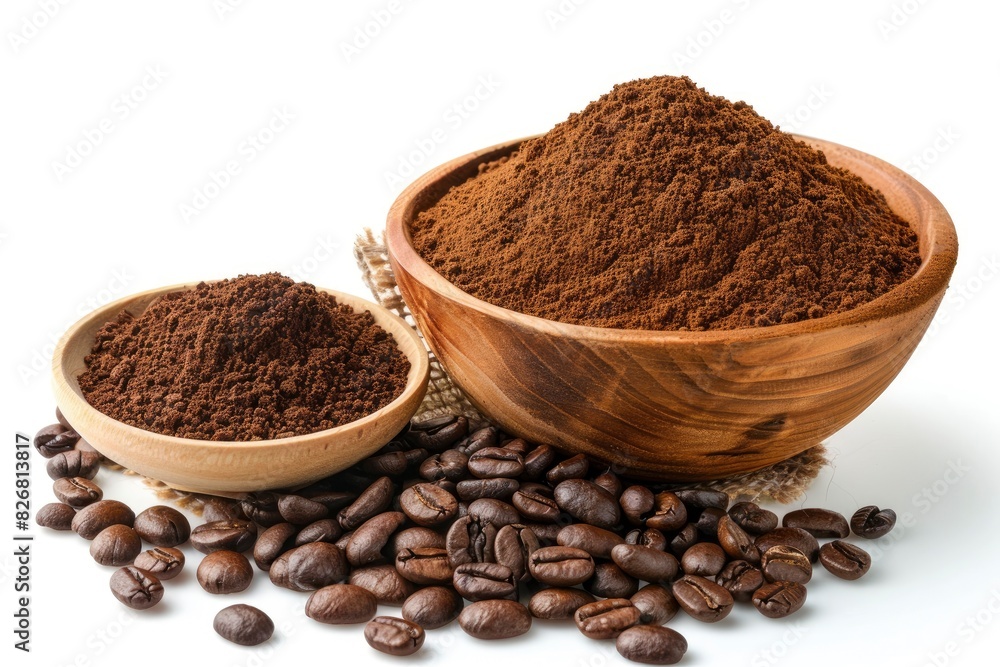 Roasted coffee beans in sack bag with coffe powder (ground coffee) in wooden bowl isolated on white background - generative ai Roasted coffee beans in sack bag with coffe powder (ground coffee) in wooden bowl isolated on white background - generative ai