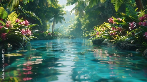 Fresh view of a lagoon surrounded by tropical plants photo