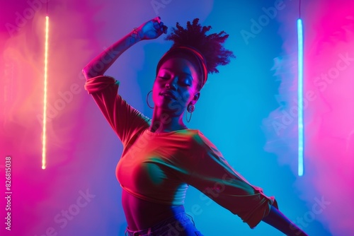 Woman dancing under neon lights.