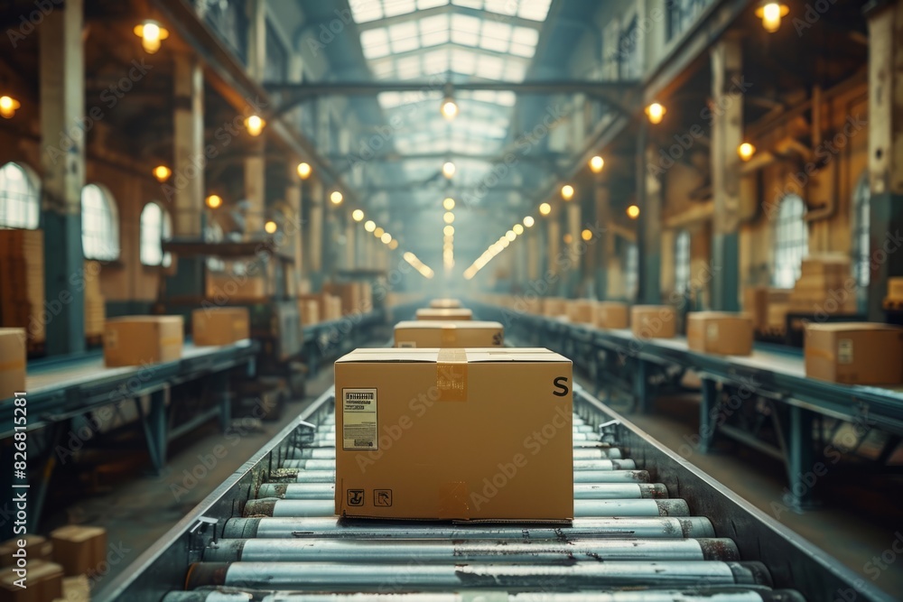 A cardboard box is moving along a conveyor belt inside an industrial warehouse facility