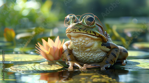 Photorealistic Frog Wearing Glasses on Lily Pad