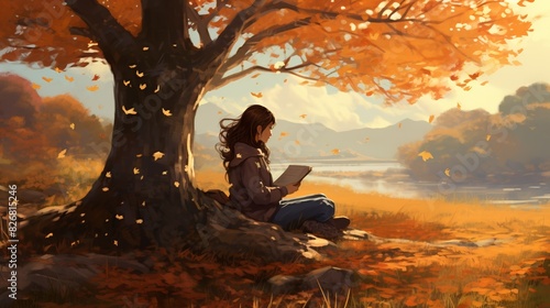 Anime character reading under a large tree, scattered autumn leaves, peaceful meadow, gentle breeze, medium shot