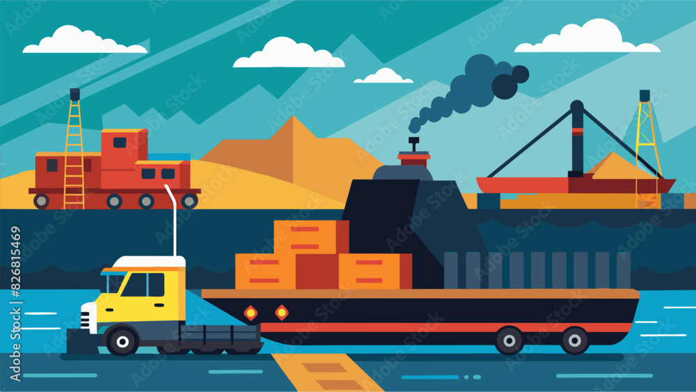 Naklejka premium The barge comes to a stop at a dock where cranes and forklifts carefully unload the coal onto trucks waiting to transport it to its final destination.. Vector illustration