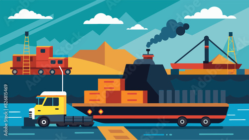 The barge comes to a stop at a dock where cranes and forklifts carefully unload the coal onto trucks waiting to transport it to its final destination.. Vector illustration