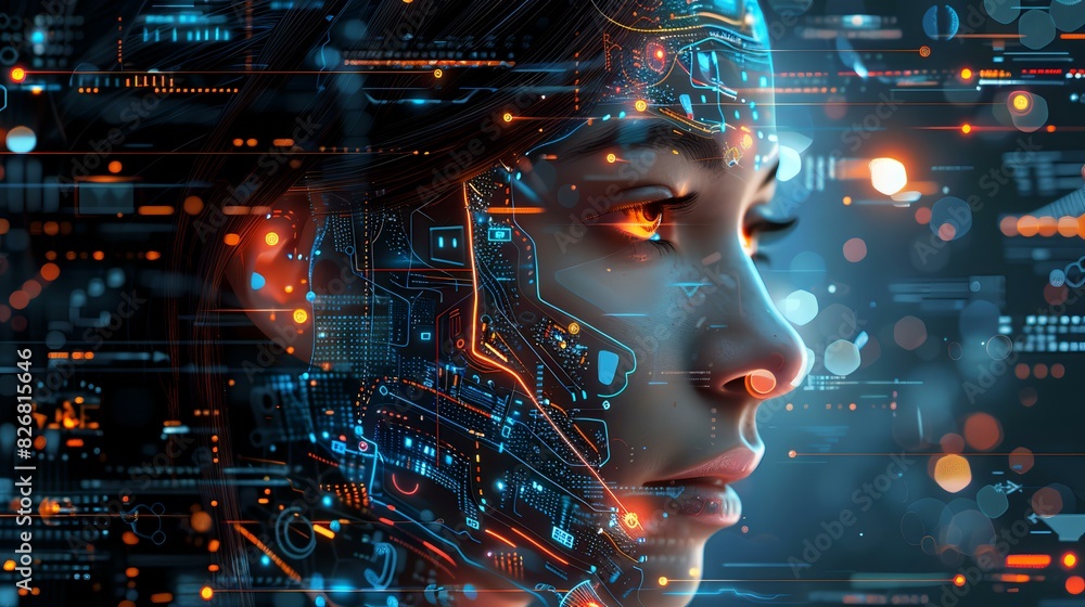 generated design features a woman's profile seamlessly integrated with complex digital circuitry and glowing neon elements generated design features a woman's profile seamlessly integrated with complex digital circuitry and glowing neon elements