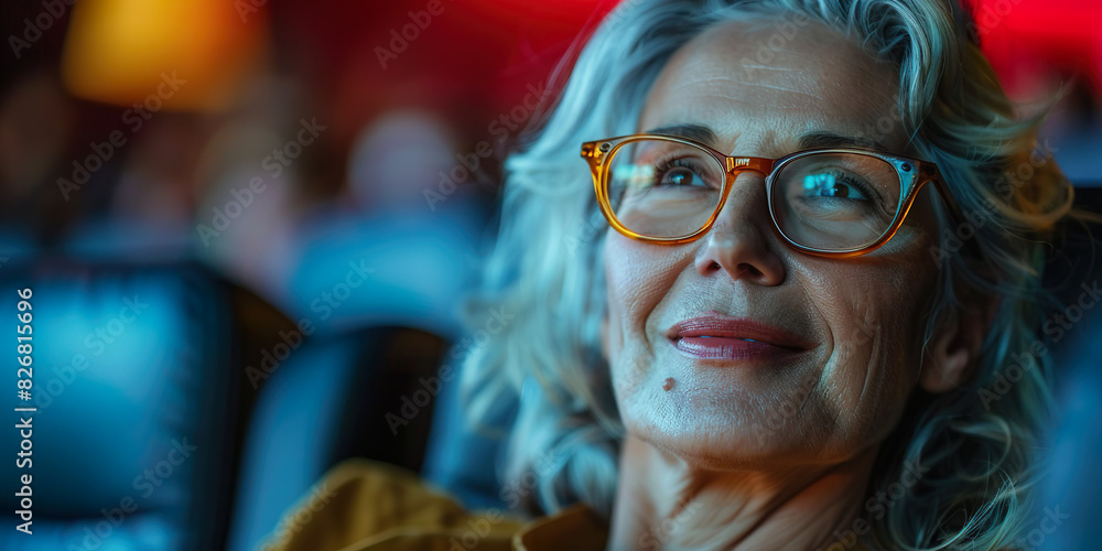 Elderly woman seated, enjoying a movie or a theater play Elderly woman seated, enjoying a movie or a theater play