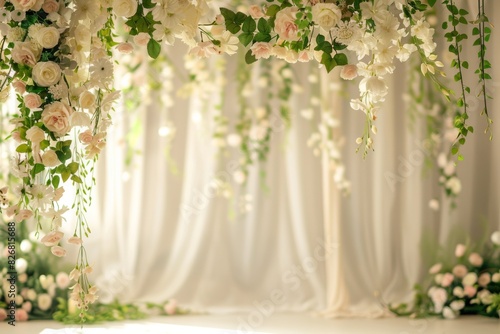 White flowers and greenery on light curtains in studio setting.