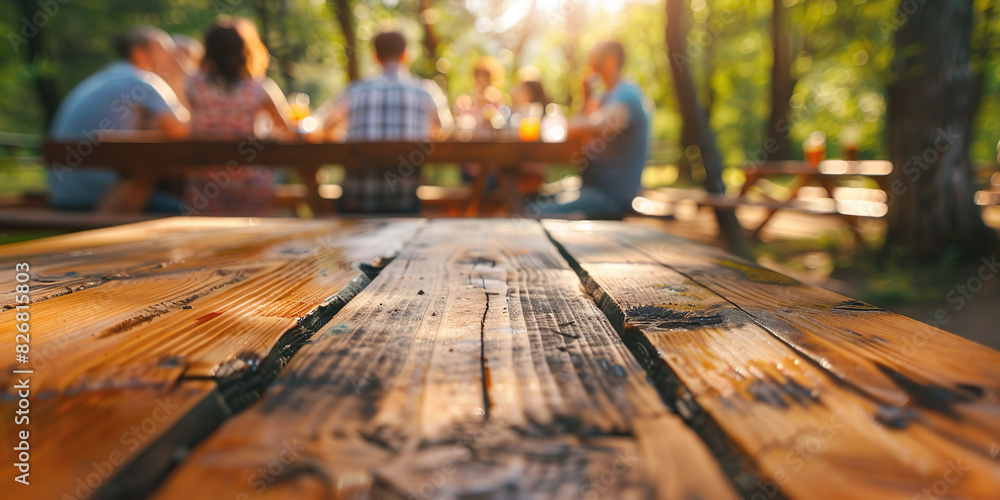 Empty wooden table in park, place to place product or advertisement