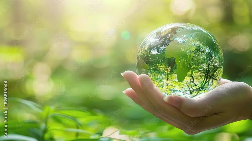 Glass world globe on the hand with nature blurry background under the morning light. World Environment Day, ecology, conservation. Glass world globe on the hand with nature blurry background under the morning light. World Environment Day, ecology, conservation.