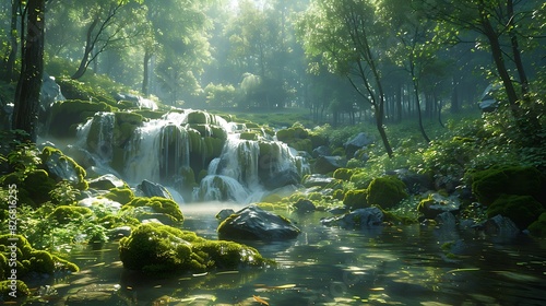 Fresh view of a forest with a waterfall and moss-covered rocks under a clear sky