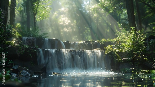 Fresh view of a forest with a waterfall and sunlight filtering through
