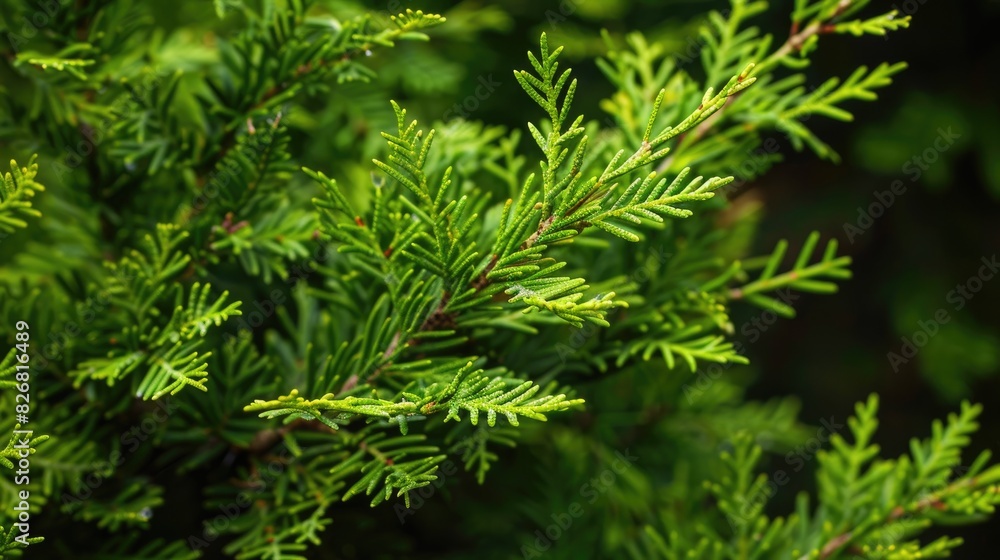 Close up of Thuja branches with a Thuja branch backdrop Close up of Thuja branches with a Thuja branch backdrop
