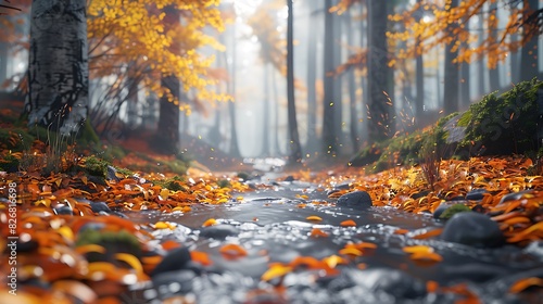 Fresh view of a forest with a stream and fallen leaves