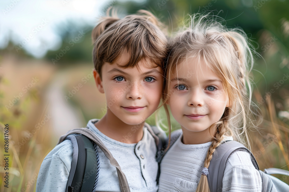 Happy White Siblings With Backpacks Ready for Back to School or Hike Happy White Siblings With Backpacks Ready for Back to School or Hike