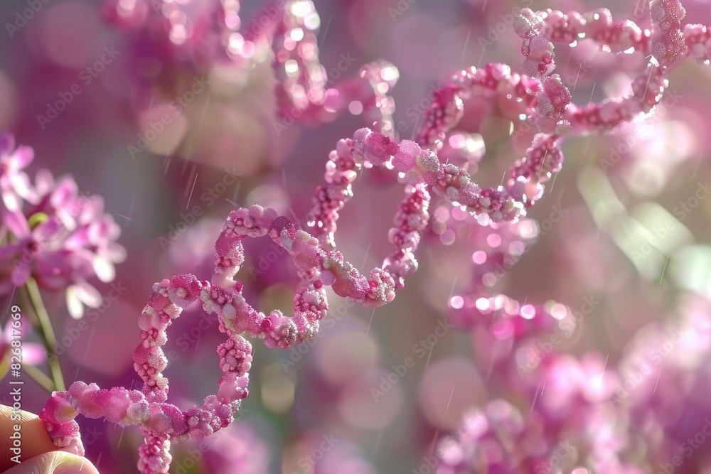 Hand holding intricate pink DNA structure among floral backdrop, emphasizing genetic beauty and science Hand holding intricate pink DNA structure among floral backdrop, emphasizing genetic beauty and science