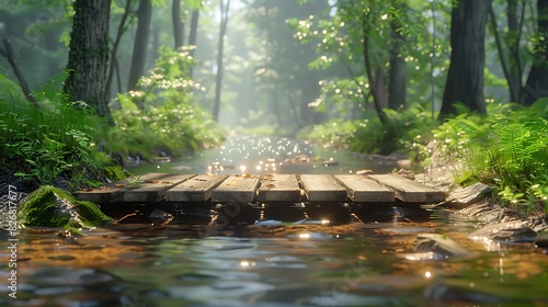 Fresh view of a forest stream with a wooden footbridge photo