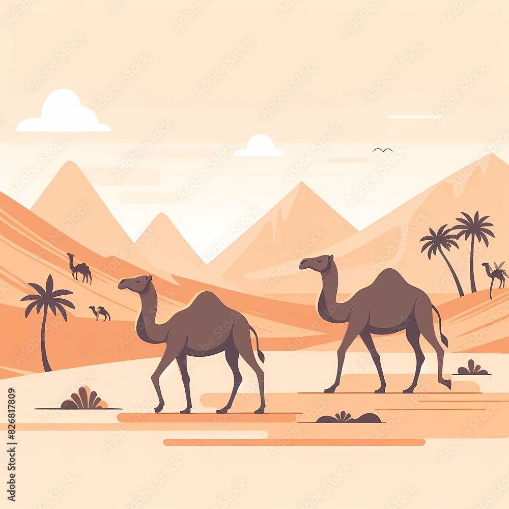Camels Walking in a Serene Desert Landscape Camels Walking in a Serene Desert Landscape