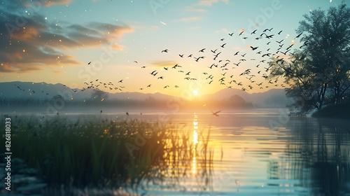 Fresh view of a flock of birds flying over a lake photo