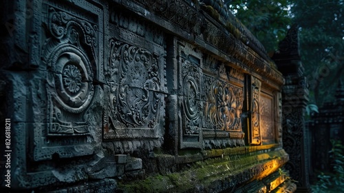 Elaborate Engravings Decorate an Old Stone Wall in the Evening