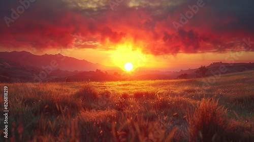 Fresh view of a fiery sunset behind distant hills photo