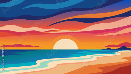 A sunset art walk on the beach where the changing colors of the sky serve as inspiration for a series of abstract paintings in the sand.. Vector illustration