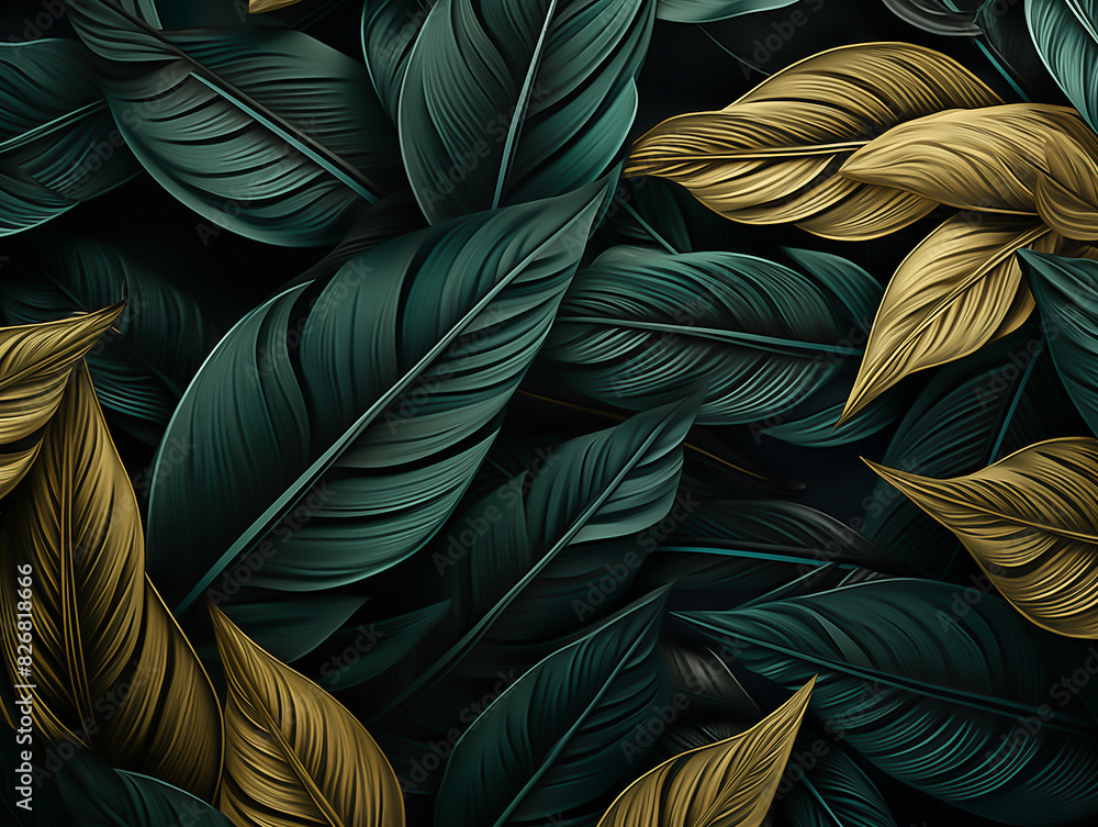 closeup of dark green leaves, their texture and shape rendered in intricate detail. The background is a soft gradient from light to dark yellow closeup of dark green leaves, their texture and shape rendered in intricate detail. The background is a soft gradient from light to dark yellow