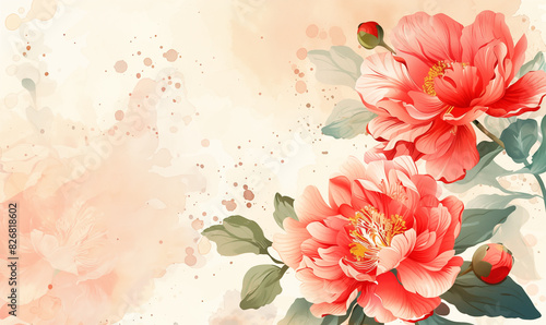 Flower watercolor art background. Wallpaper design with floral paint leaves and feathers. Design for cover, wall art, invitation, fabric, poster, canvas print, Wedding decoration, greeting card,