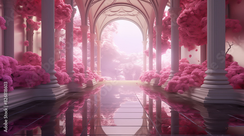 gloomy white tunnel with pink flowers and leaves, mirror rooms, saturated pigment pools, precise, detailed architecture paintings