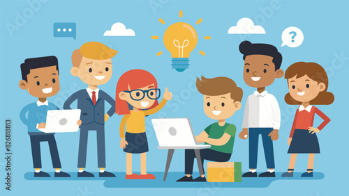 Armed with a detailed business plan and a passion for innovation a group of junior tech entrepreneurs confidently pitch their app to a panel of. Vector illustration