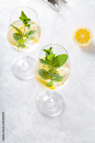 Hugo Spritz Cocktail Made with Sparkling Wine, Lemon, Mint and Elderberry Liqueur