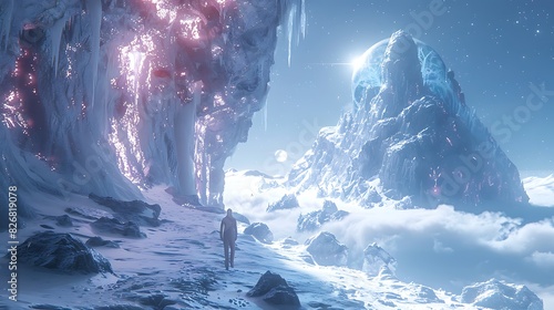 crystalline alien with advanced lightbased communication on a barren icy planet with shimmering ice caves photo