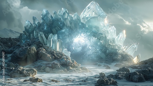 crystalline alien with advanced lightbased communication on a barren icy planet with shimmering ice caves photo