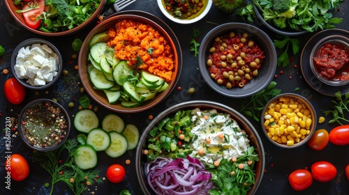 Colorful vegan meal spread with fresh ingredients for healthy eating and dining experience