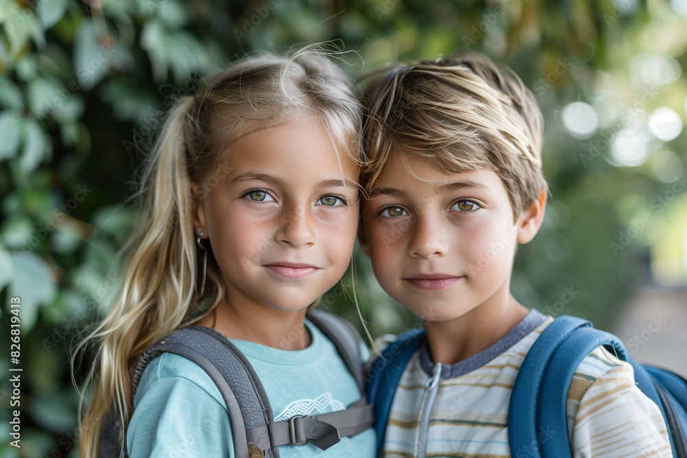 Happy White Siblings With Backpacks Ready for Back to School or Hike