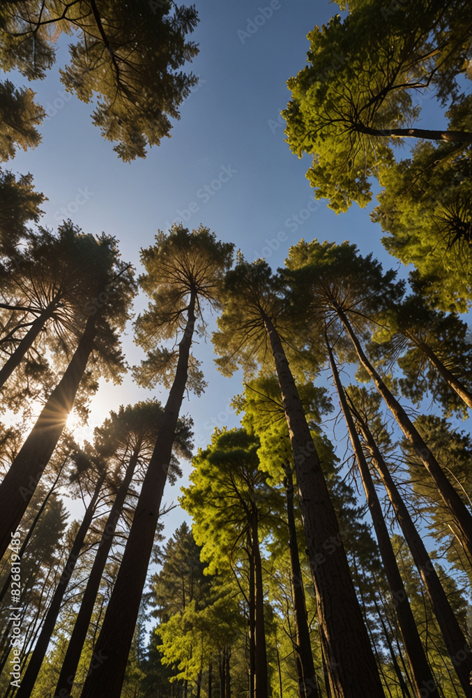 Fototapeta premium Surrounded by Tall Trees, low angle shot
