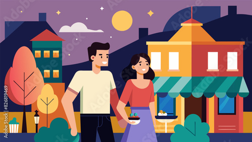 A date night excursion to a nearby town exploring local shops and restaurants together.. Vector illustration