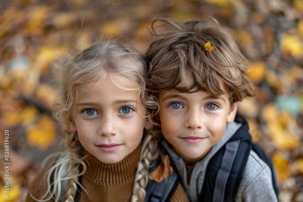 Happy White Siblings With Backpacks Ready for Back to School or Hike Happy White Siblings With Backpacks Ready for Back to School or Hike