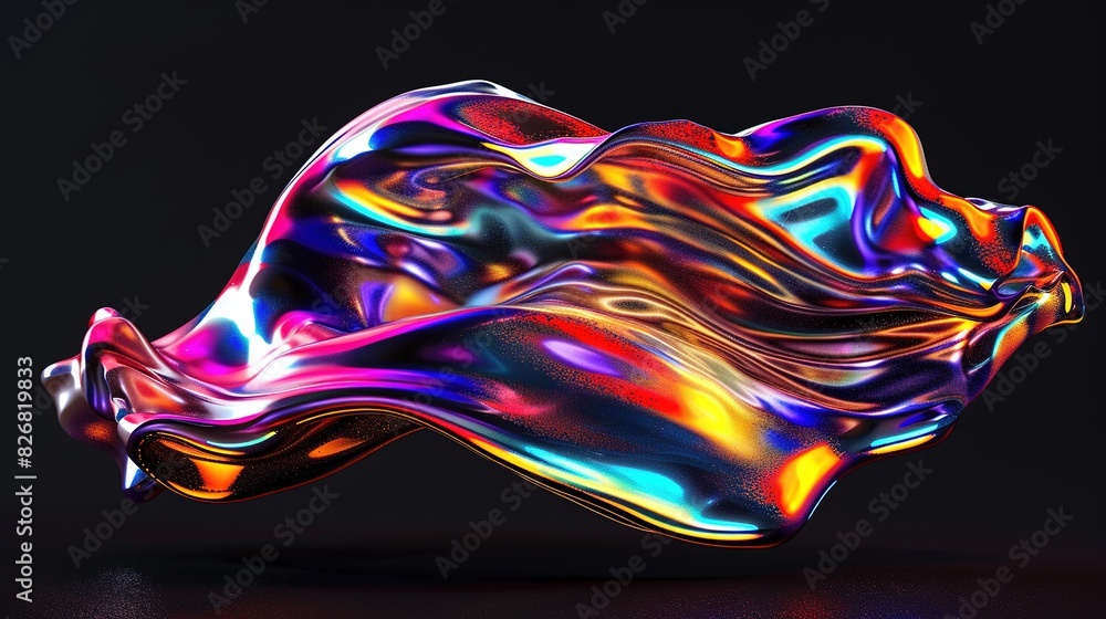 Obraz premium Bold Holographic Liquid Blob Shape Isolated on Black - Iridescent Wavy Melted Substance