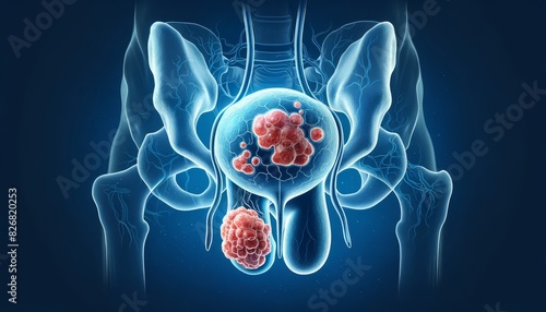 Medical Illustration of Prostate Cancer. Description: Detailed medical illustration of the human pelvis highlighting prostate cancer, showing the prostate gland with cancerous tumors. photo