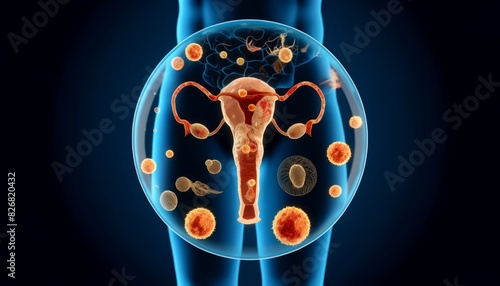 A detailed medical illustration of the female reproductive system, highlighting the uterus, ovaries, and ovum, with sperm cells to represent the fertilization process.