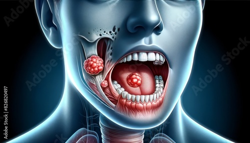 3D Medical Illustration of Oral Cancer
Detailed 3D medical illustration depicting oral cancer with tumors in the mouth and throat region.