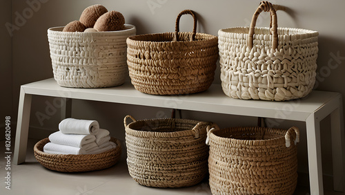 images of stylish bathroom storage solutions, such as woven baskets, on a white background