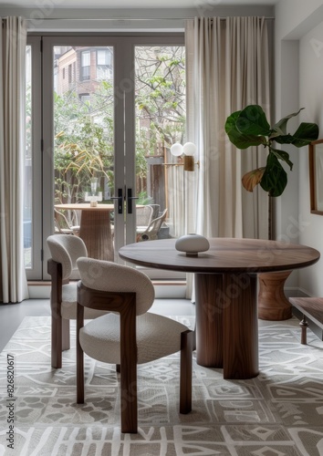 Scandinavian modern style dining room  dark oak floors  grey walls and large Windows facing the city  white armchairs and round tables  warm lighting  simple furniture.