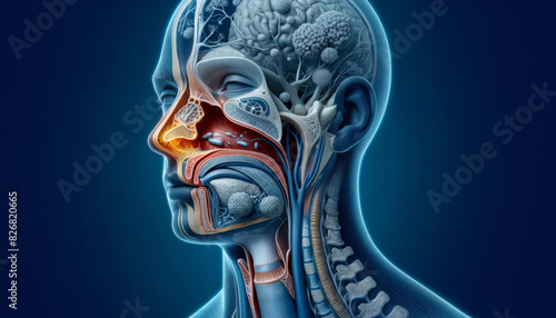 Medical Illustration of Human Body Highlighting Allergic Rhinitis.3D medical illustration showing the human body with a focus on the effects of allergic rhinitis, emphasizing the nasal and sinus areas photo