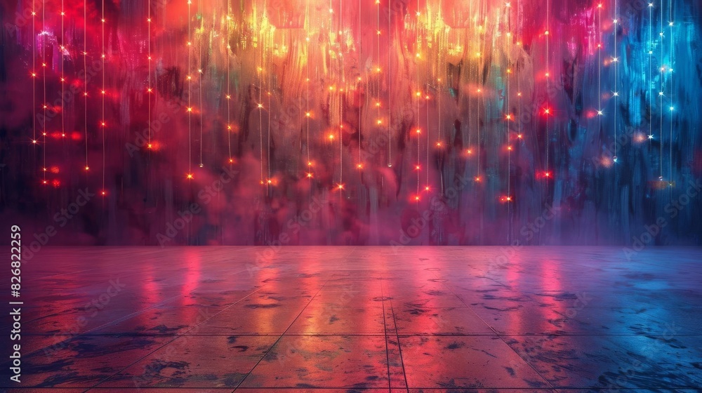Create a 3D rendering of a colorful and vibrant stage with glowing neon lights hanging from the ceiling and illuminating the glossy floor. Create a 3D rendering of a colorful and vibrant stage with glowing neon lights hanging from the ceiling and illuminating the glossy floor.