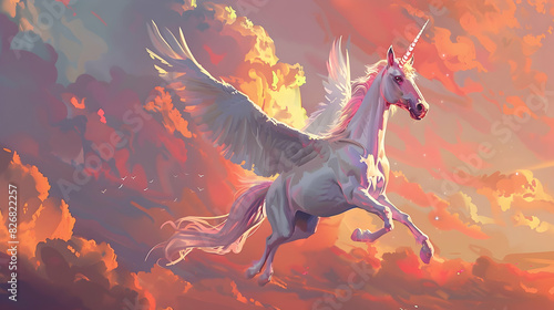 Mythical creature unicorn. Gorgeous Pegasus with huge wings and a horn in flight. Painted powerful unicorn in all its glory. A horse created in ai. photo