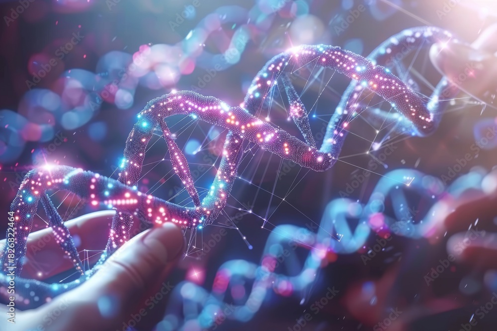 Digital illustration of interconnected DNA strands held in hand, with a futuristic design showcasing advancements in genetics and molecular biology Digital illustration of interconnected DNA strands held in hand, with a futuristic design showcasing advancements in genetics and molecular biology