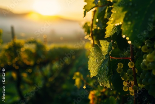 Grapes hanging from a vine in a vineyard with sunset and natural landscape