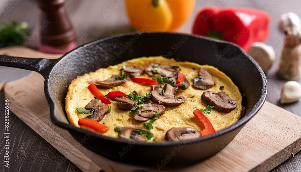 omelette with mushrooms and peppers in a cast iron skillet; cooking at home
omelette with mushrooms and peppers in a cast iron skillet; cooking at home